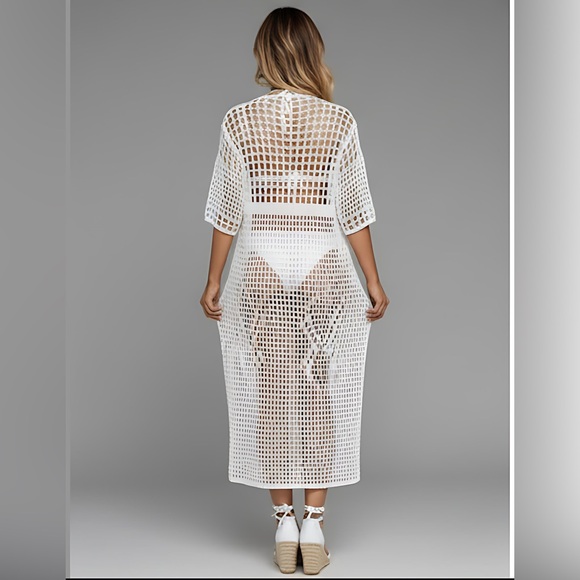 White Long Drop Shoulder Open Knit Bathing Suit Cover Up - Picture 4 of 6